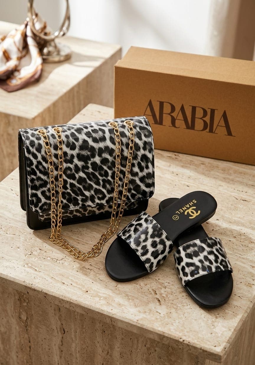 Serivo Combo Black & White Leopard Bag with Matching Slides view 2