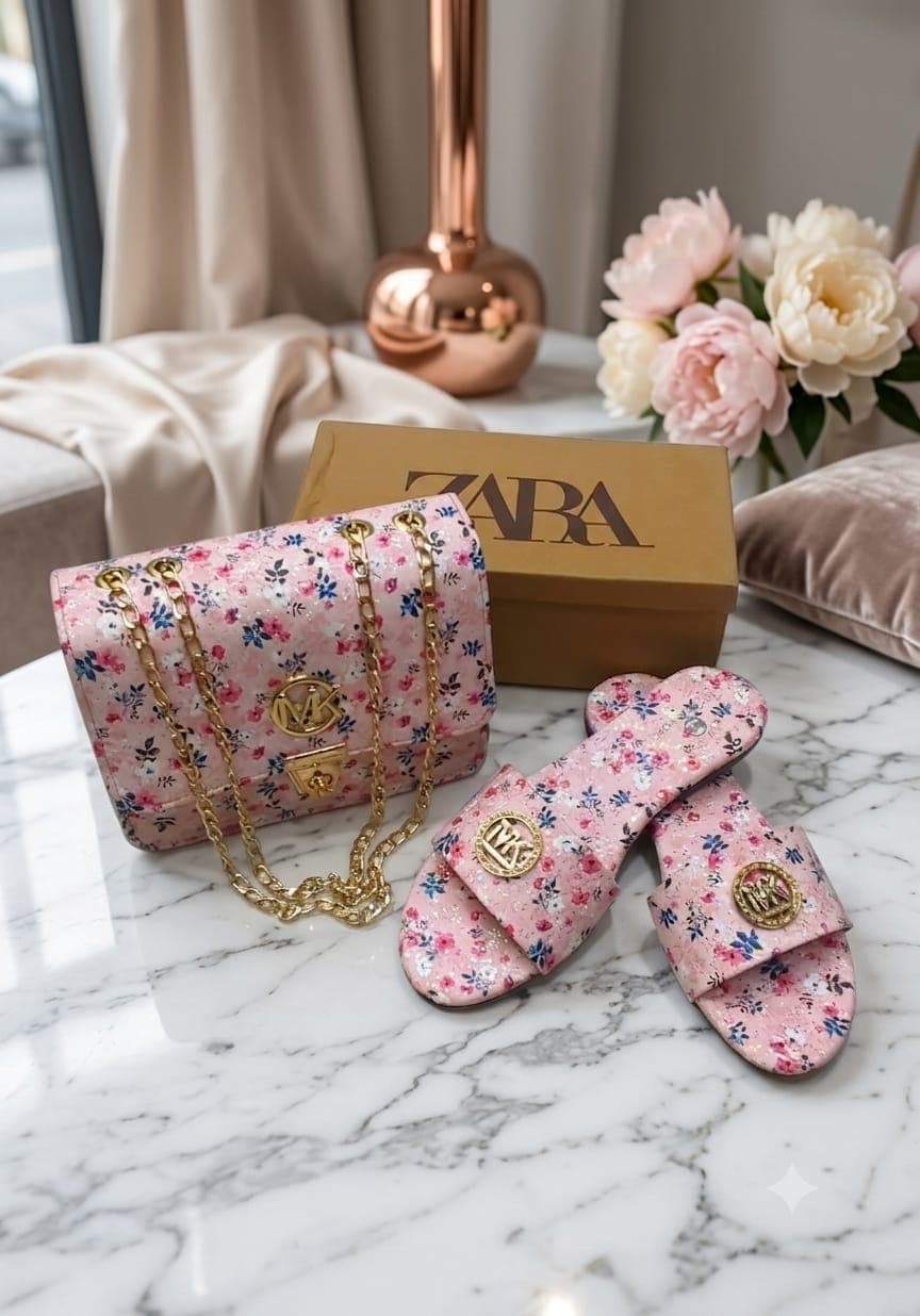 Serivo Combo Pink Floral Bag with Matching Slides Combo for women Pakistan