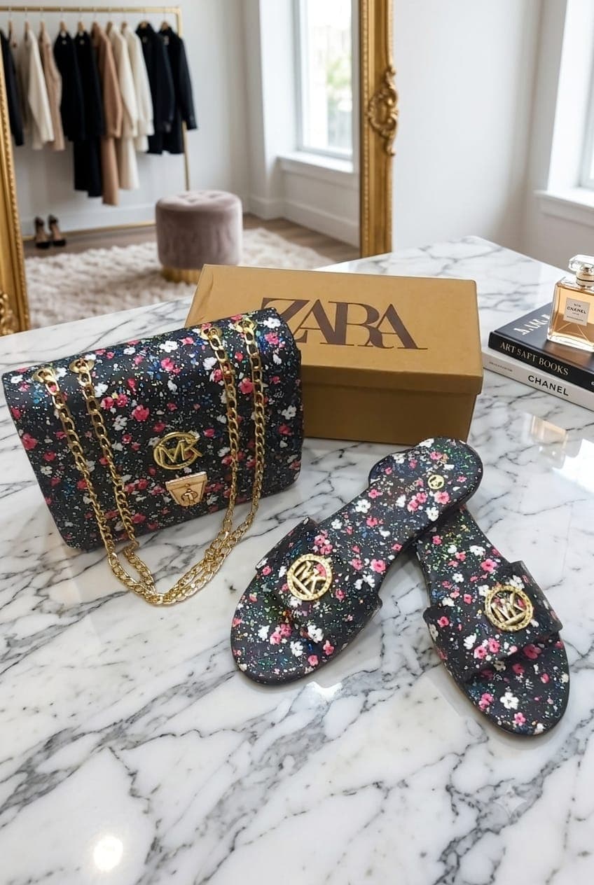 Serivo Combo Black Floral Bag with Matching Slides Combo for women Pakistan