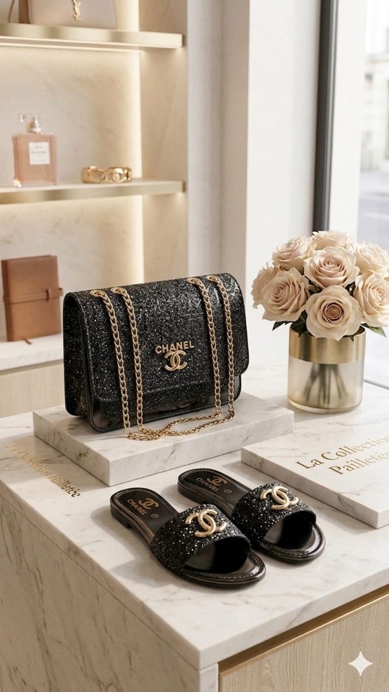 Serivo Combo Black Glitter Bag with Matching Slides Combo for women Pakistan