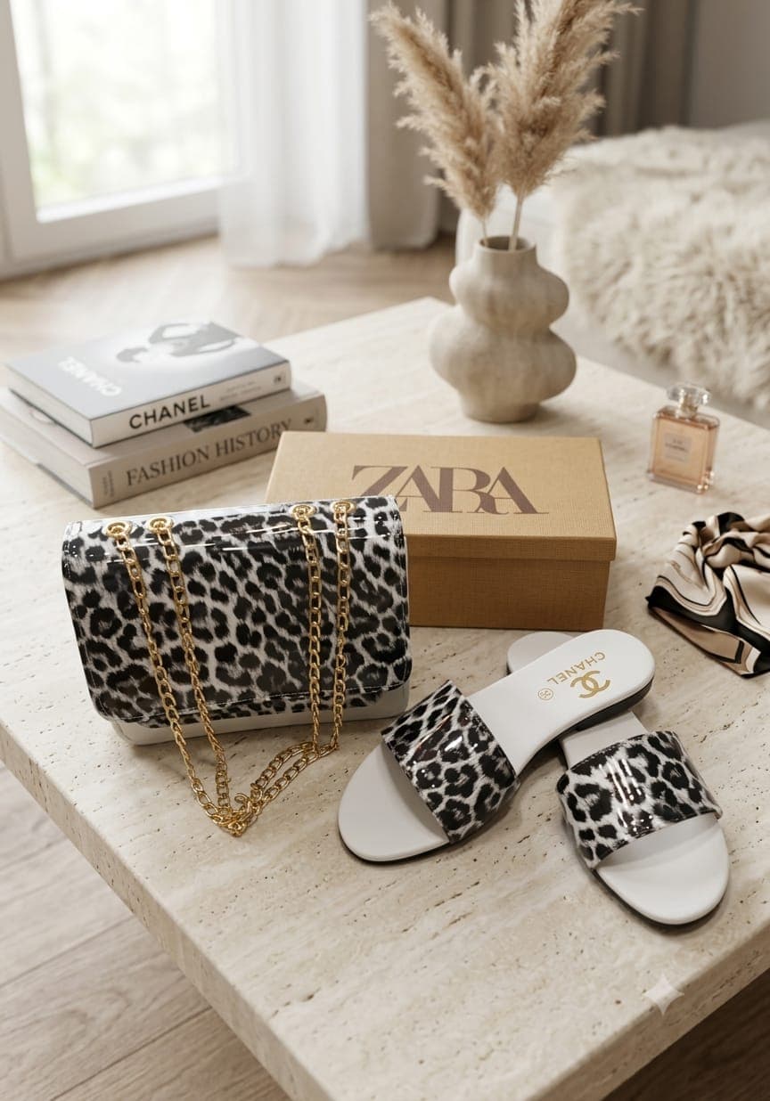 Serivo Combo Black & White Leopard Bag with Matching Slides Combo for women Pakistan