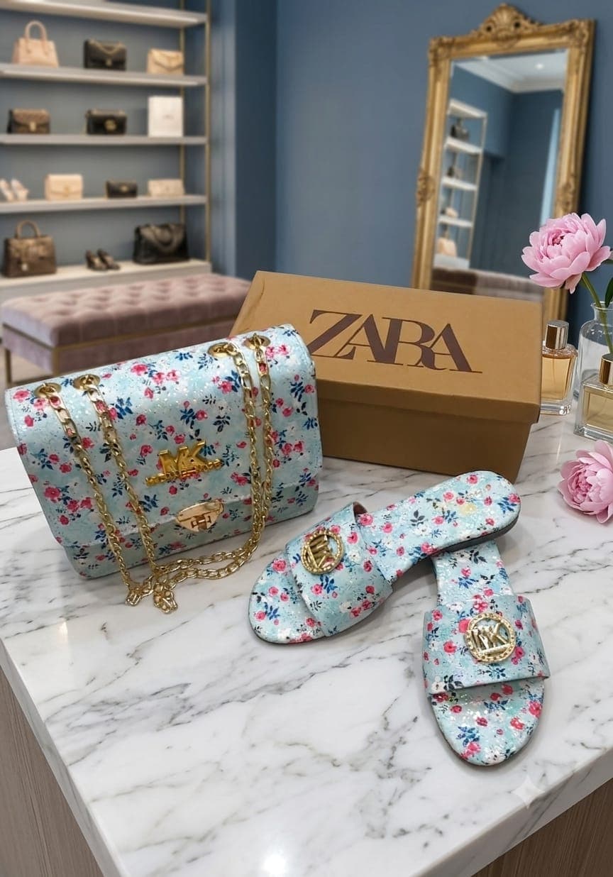 Serivo Combo Sky Blue Floral Bag with Matching Slides Combo for women Pakistan