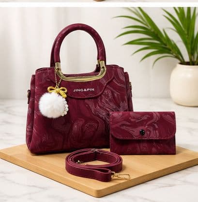 Serivo Combo Wine Marble Bag Wallet & Strap Set Combo ladies bag online Pakistan