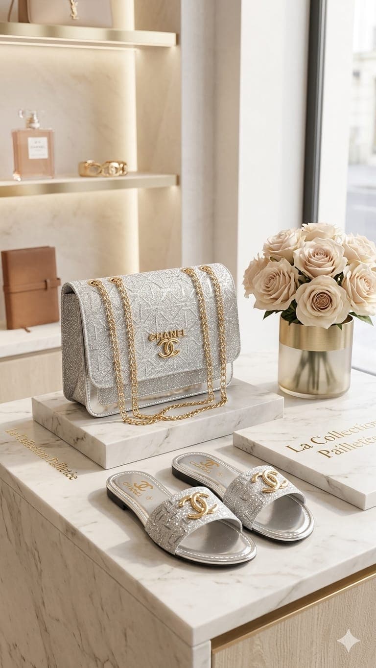 Serivo Combo Silver Glitter Bag with Matching Slides Combo for women Pakistan