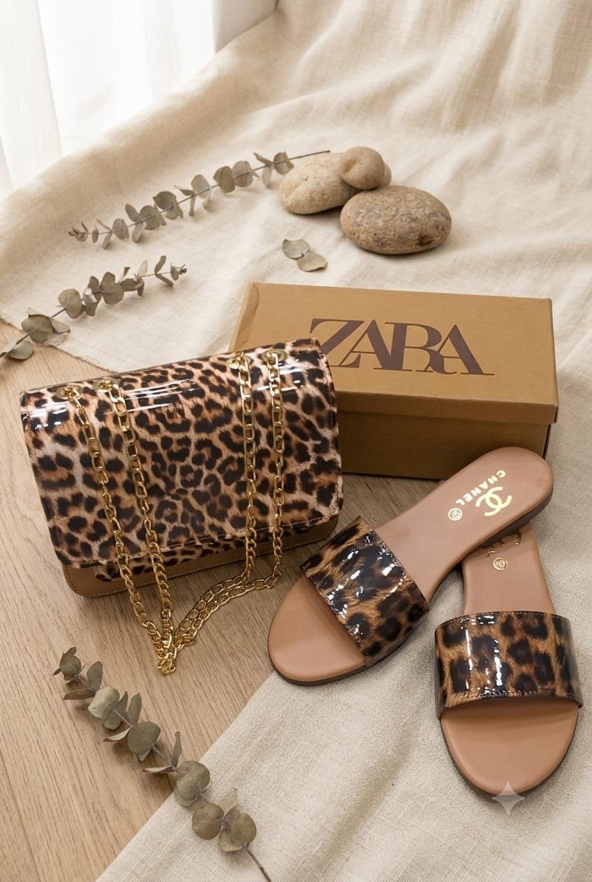 Serivo Combo Tan Leopard Bag with Matching Slides Combo for women Pakistan