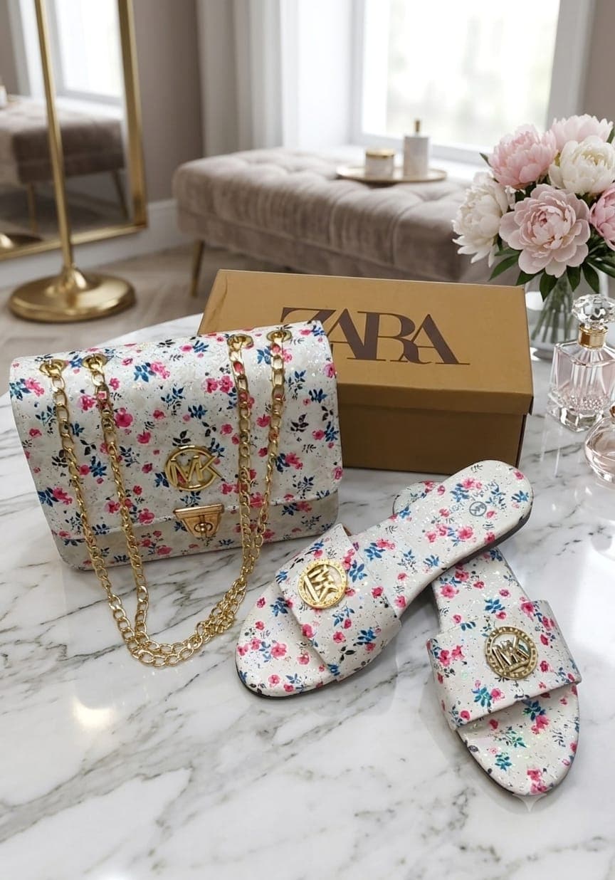 Serivo Combo White Floral Bag with Matching Slides Combo for women Pakistan